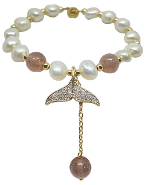 Pulsera ajustable con perla blanca y dije de cola de sirena