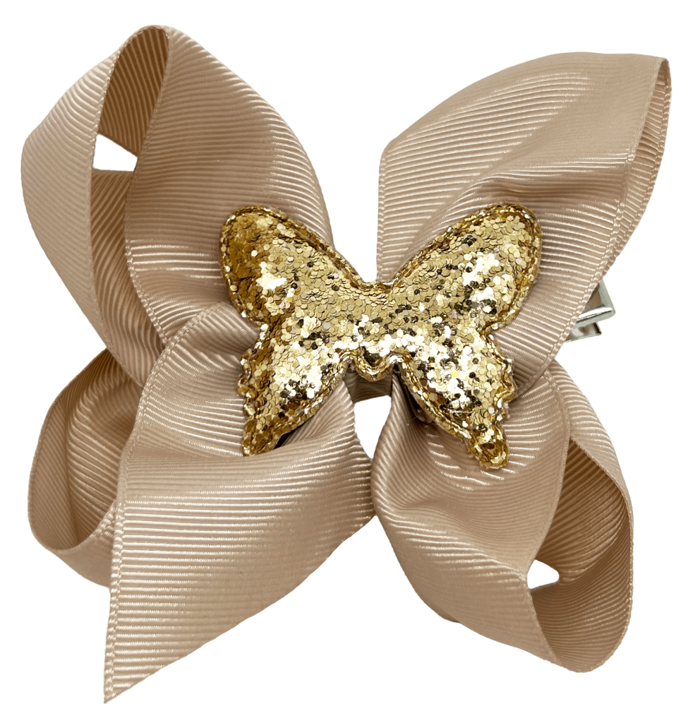 Moña con clip y mariposa dorada