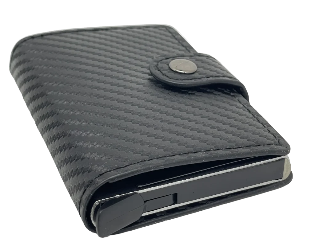 Tarjetero automático negro de cuerina RFID