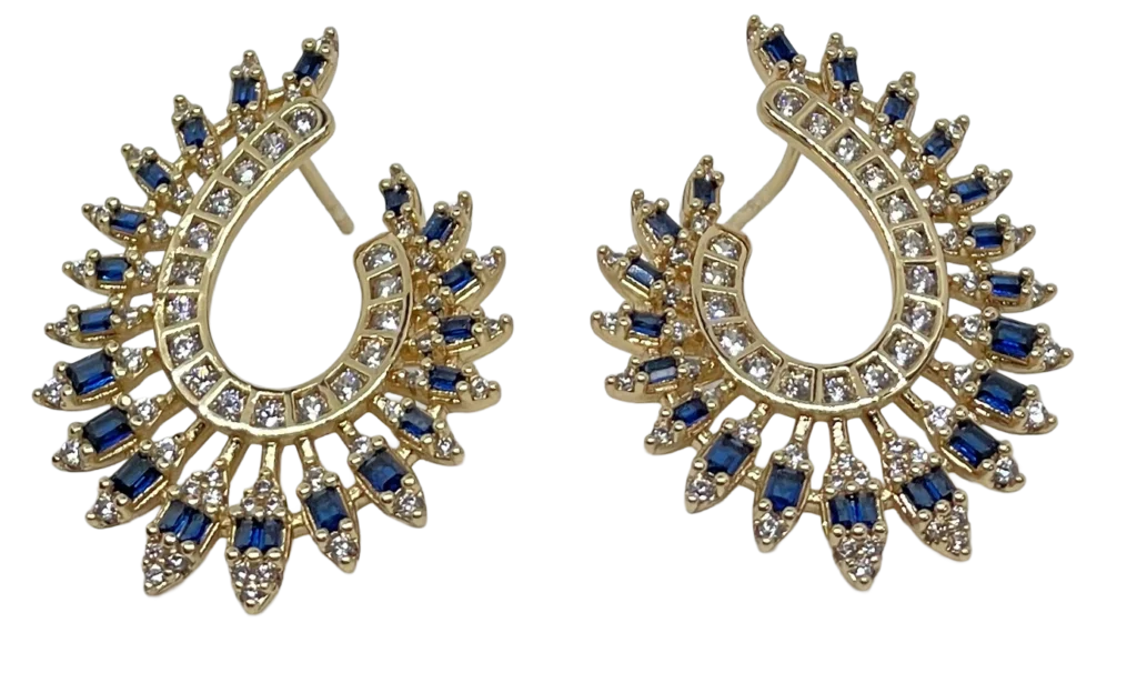 Aretes dorados de rodio con brillantitos azules