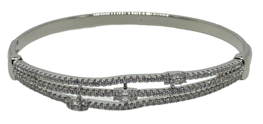 Pulsera de aro plateada de rodio con brillantitos de 3 filas