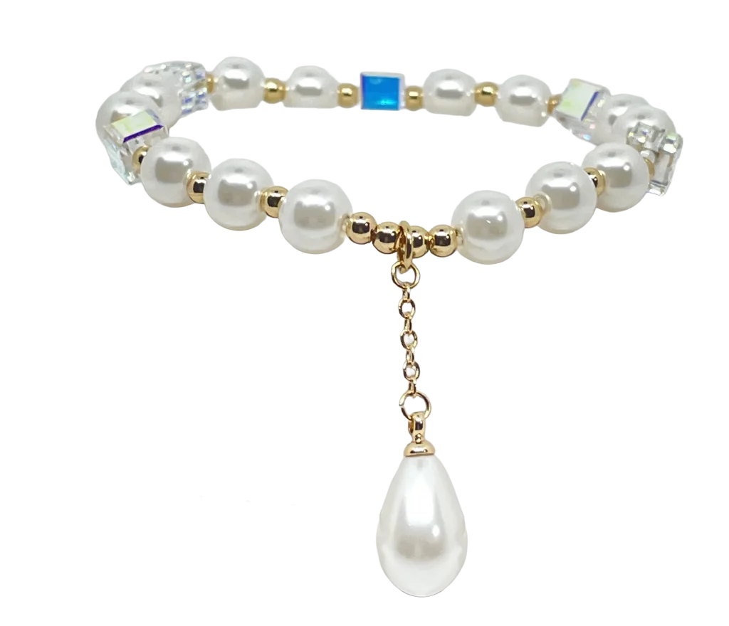 Pulsera dorada de rodio elástica con perlas