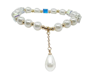 Pulsera dorada de rodio elástica con perlas