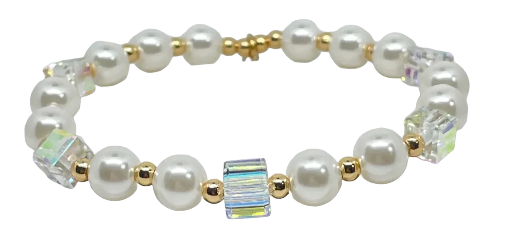 Pulsera dorada de rodio elástica con perlas-gallery-0